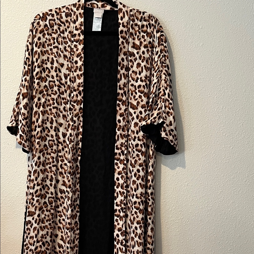 Chico’s Leopard Print Long Line open front  Boho Duster  
 3/4 sleeves
Sz S/M